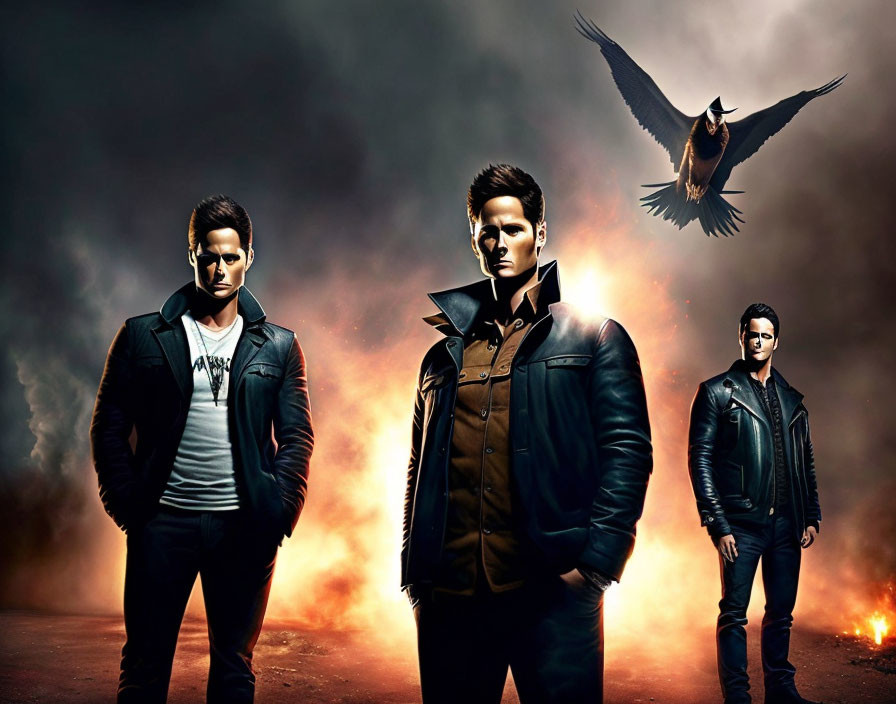 Three men in leather jackets with bird in fiery background