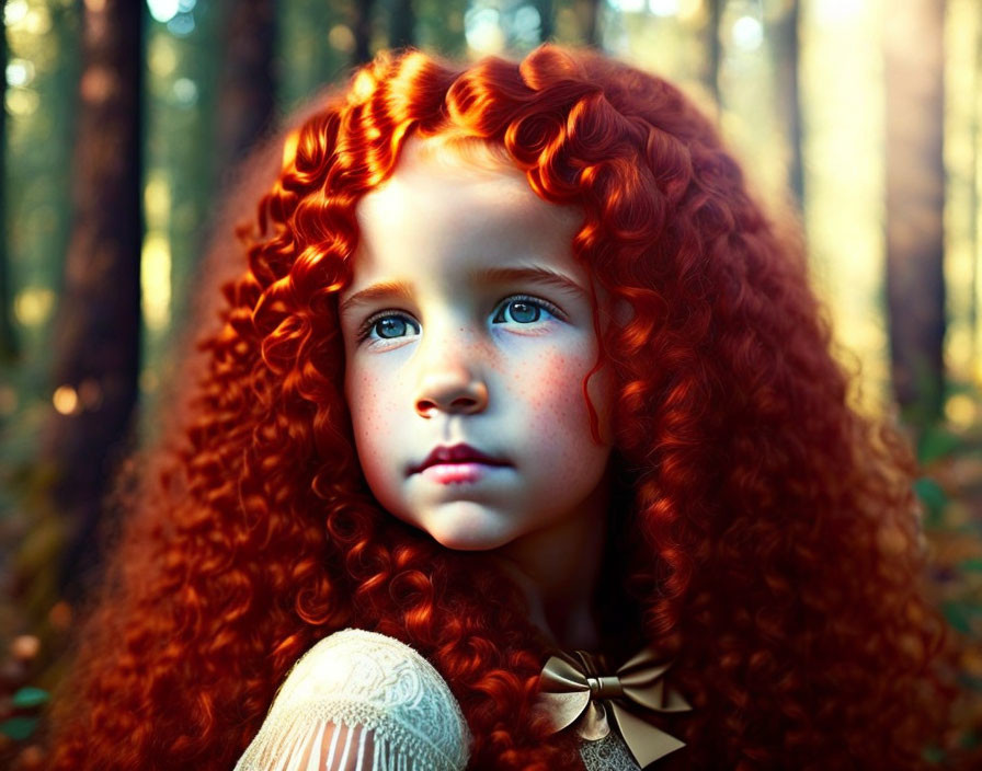 Young girl with red curly hair and blue eyes in sunlit forest