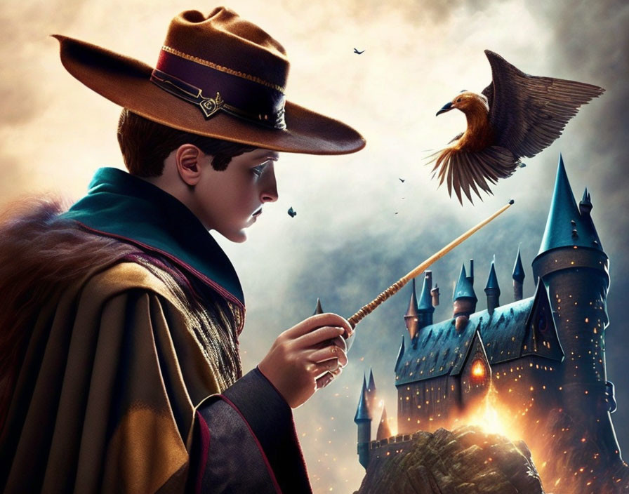 Wizard with wand gazes at castle with flying eagle under dramatic sky