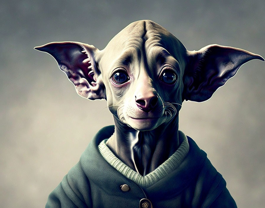 Small creature with bat-like ears and big eyes in green coat