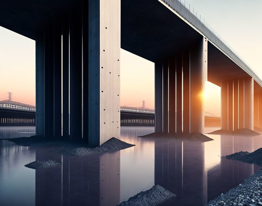 Symmetrical bridge pillars at sunrise reflected in calm water with pastel skies