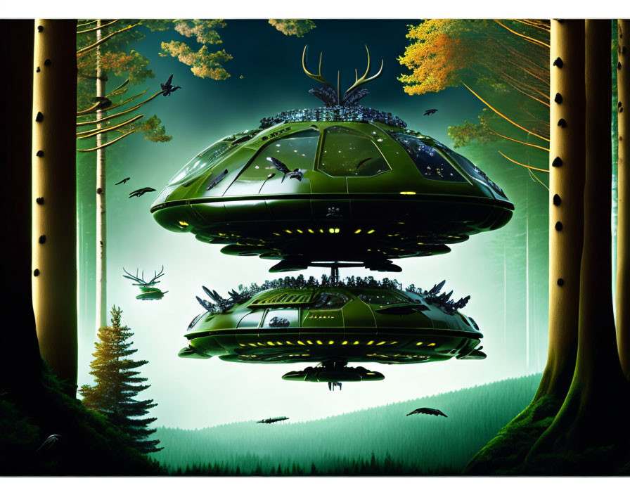 Surreal forest scene with UFO-like structures and wildlife