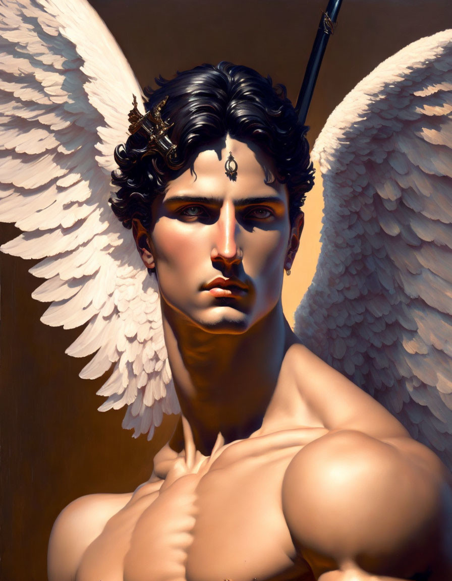 Digital Artwork: Angel with White Wings and Third Eye Motif