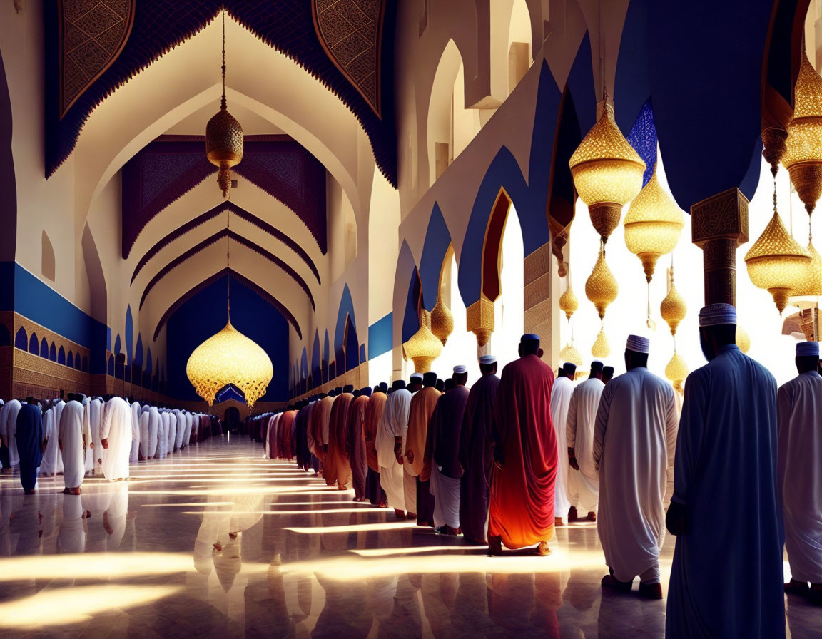 Men praying in a grand mosque with golden lanterns and ornate arches