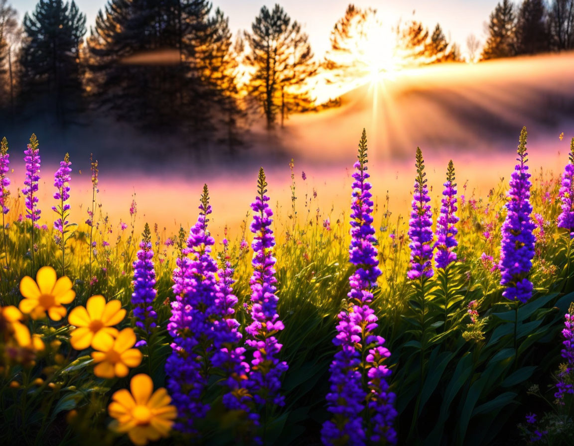 Misty Field with Purple Lupines and Sunrise Rays