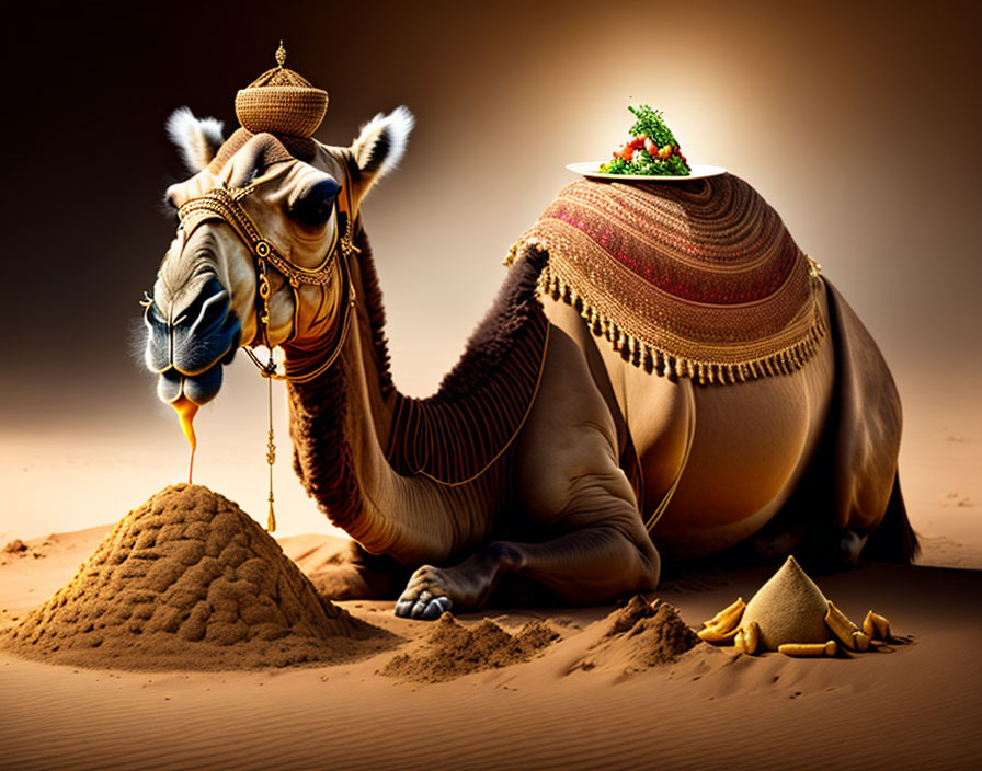 Decorative saddle camel in desert with hourglass and sand pyramids