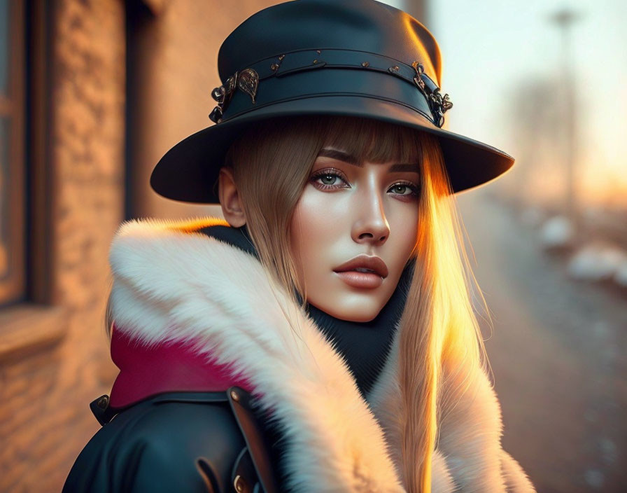 Woman in stylish hat and fur coat against urban sunset.