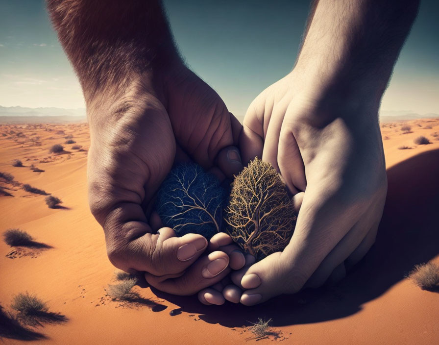 Heart-shaped object with trees held by two hands in desert scene