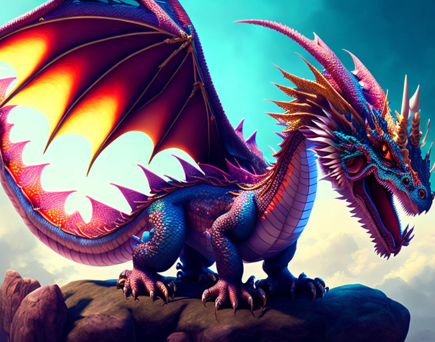 Colorful dragon with expansive wings on rocky outcrop under dramatic sky