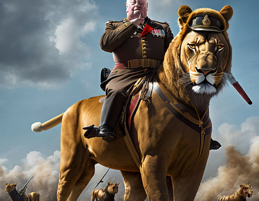 Man in military uniform on lion in photo manipulation with battle scene.