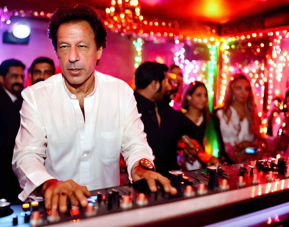 Man at DJ booth with mixing equipment and crowd under colorful lights.