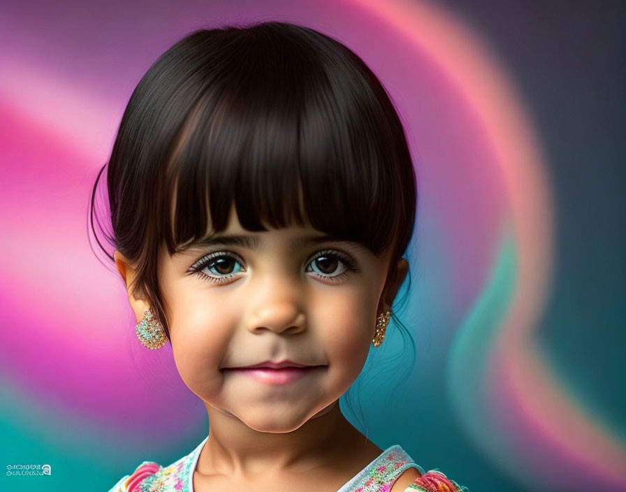 Young girl portrait with expressive eyes, short hair, and gold earrings on colorful swirl background