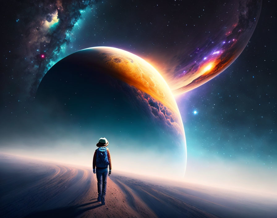 Astronaut gazes at giant planets in alien galaxy scene