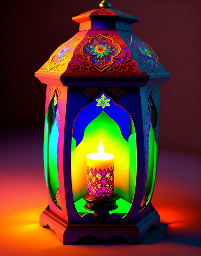 Colorful ornate lantern glowing with warm light on dark background