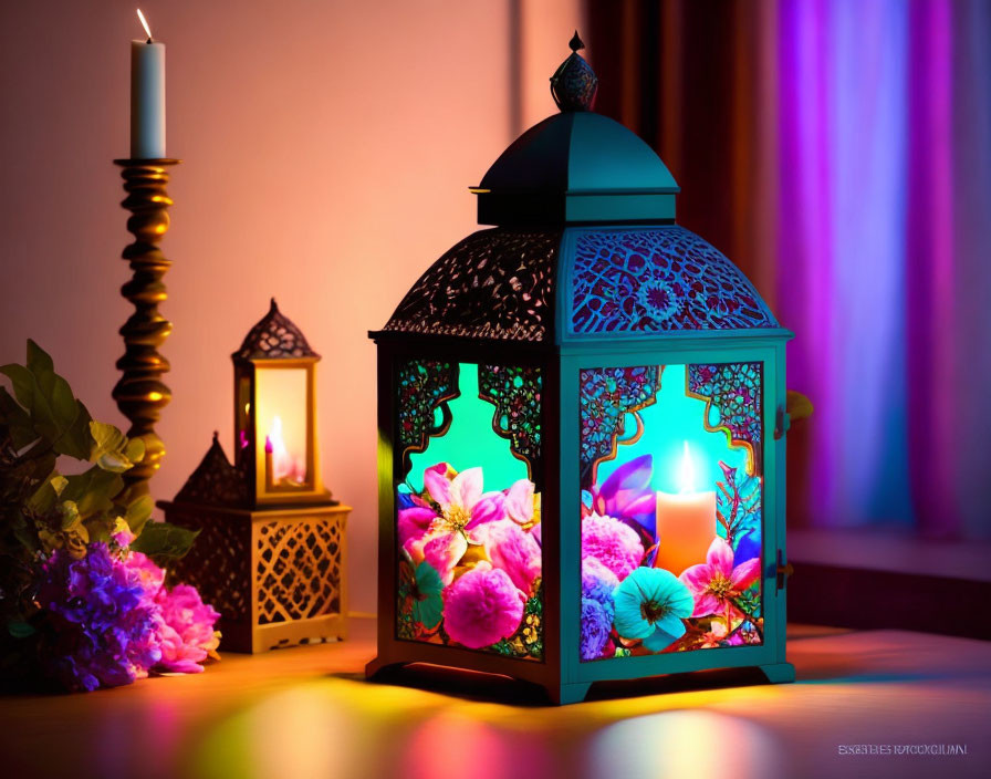 Colorful ornamental lantern with candle and flowers in serene setting