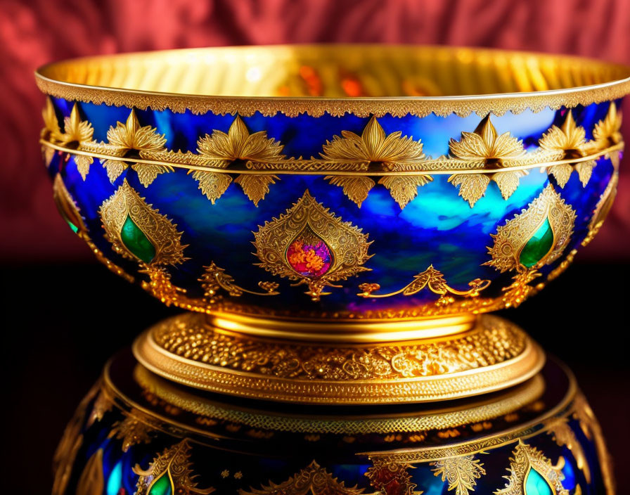 Blue and Gold Ornate Bowl with Gemstone Embellishments