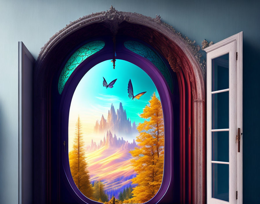 Ornate window overlooking surreal autumn landscape