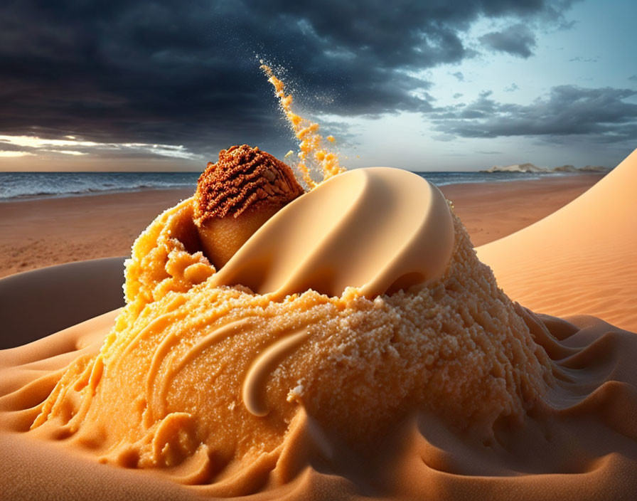 Surreal giant melting ice cream ball in desert landscape