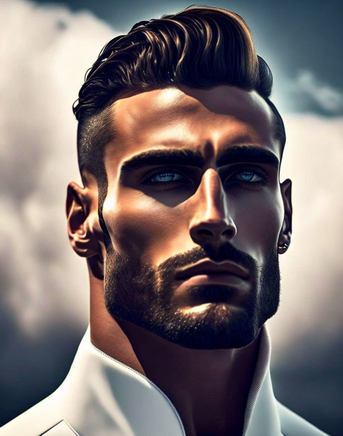 Man with Sculpted Beard and Blue Eyes in White Suit Portrait