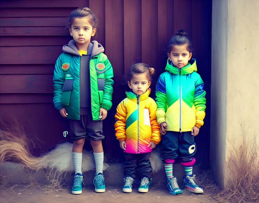 Three children in colorful jackets and sneakers against a wooden wall.