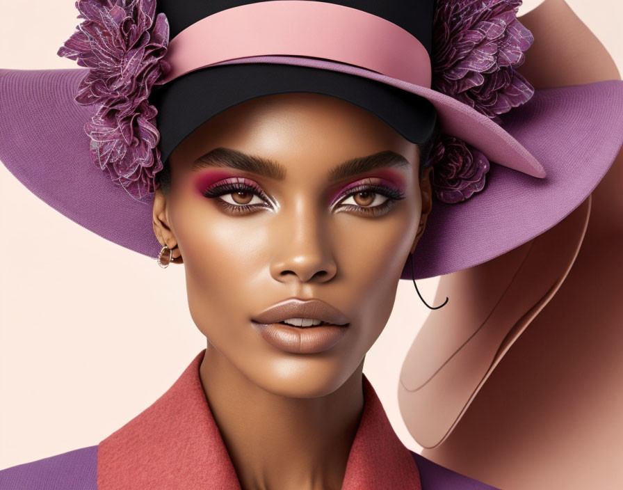 Woman with Striking Makeup in Stylish Flower-Adorned Hat