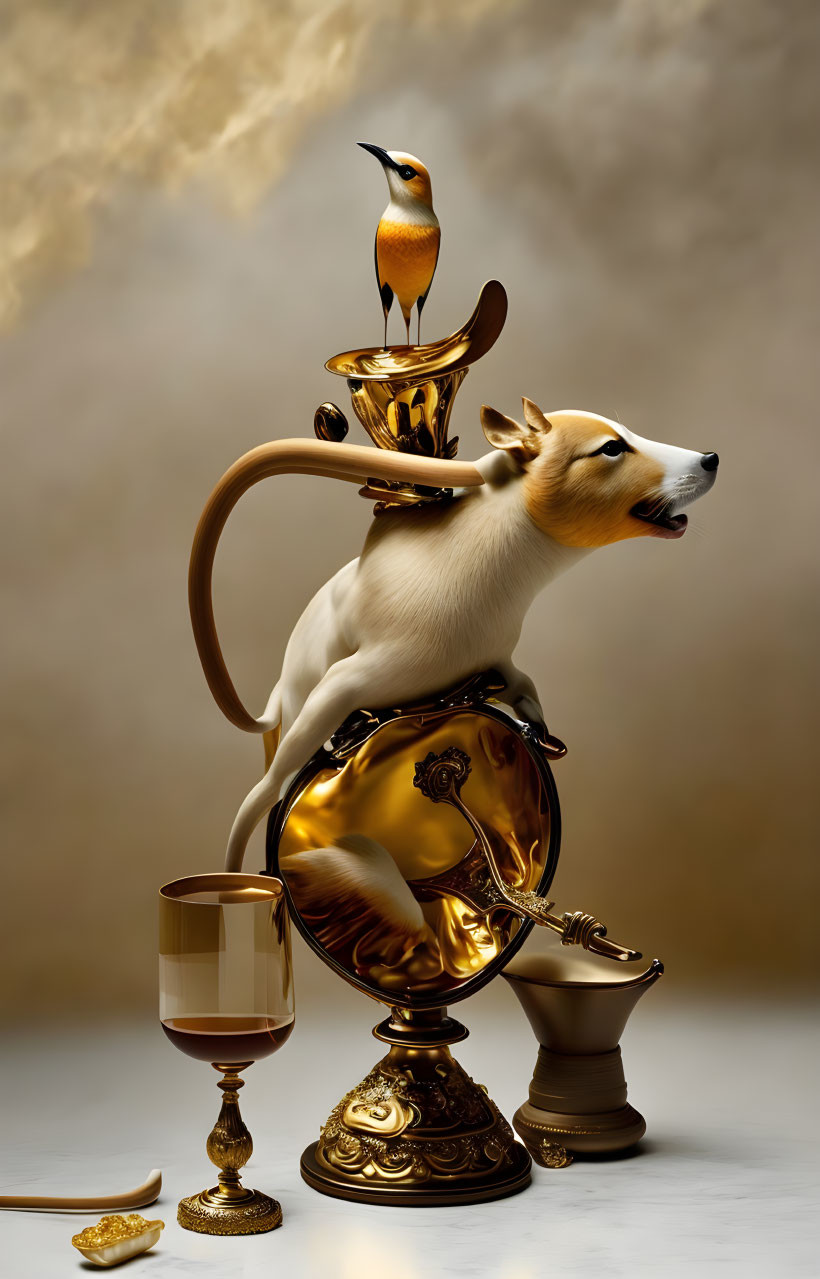 Surreal golden teapot with dog's head, bird, cup, and saucer