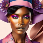 Digital artwork featuring woman in purple eyeshadow, stylish hat, and violet outfit