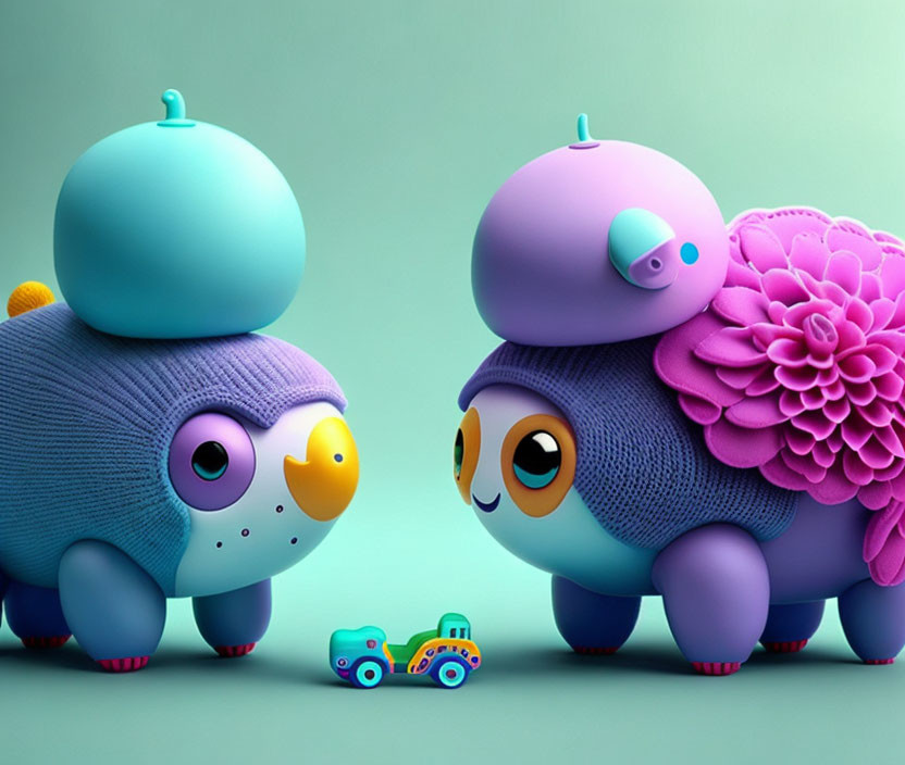 Colorful 3D characters: cute animals with big eyes, textured bodies, flower pattern, hat