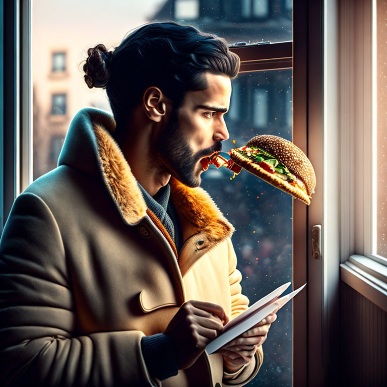 Man in Tan Jacket Eating Sandwich by Window