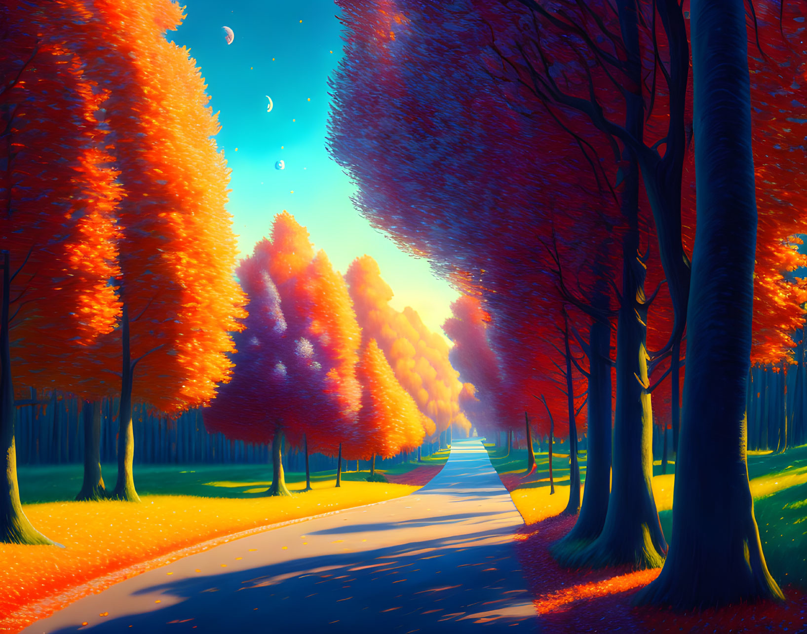 Autumn pathway with orange and red trees under starry sky