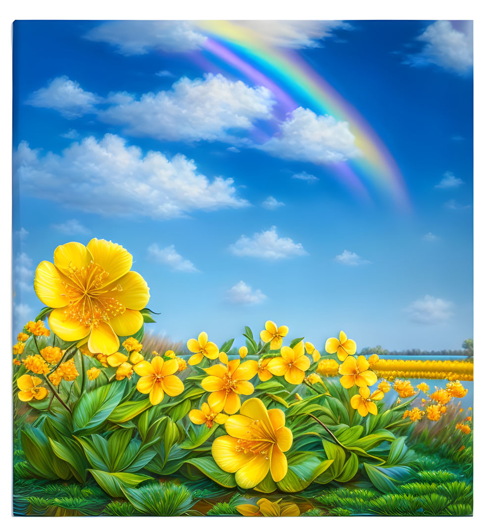 Bright yellow flowers under blue sky with rainbow: an illustration.