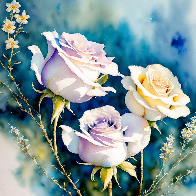 Three white and light purple roses watercolor painting on soft blue background