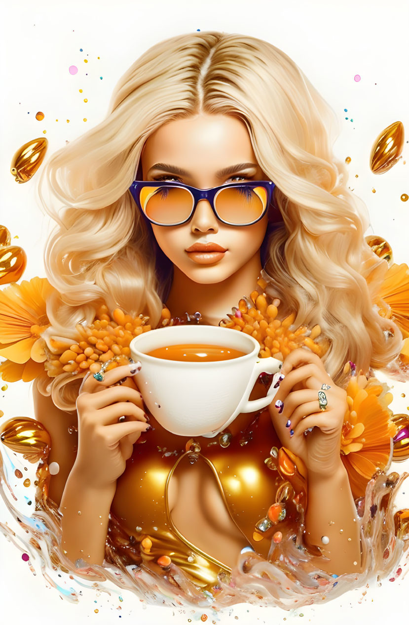 Blonde woman with orange sunglasses and tea among vibrant flowers