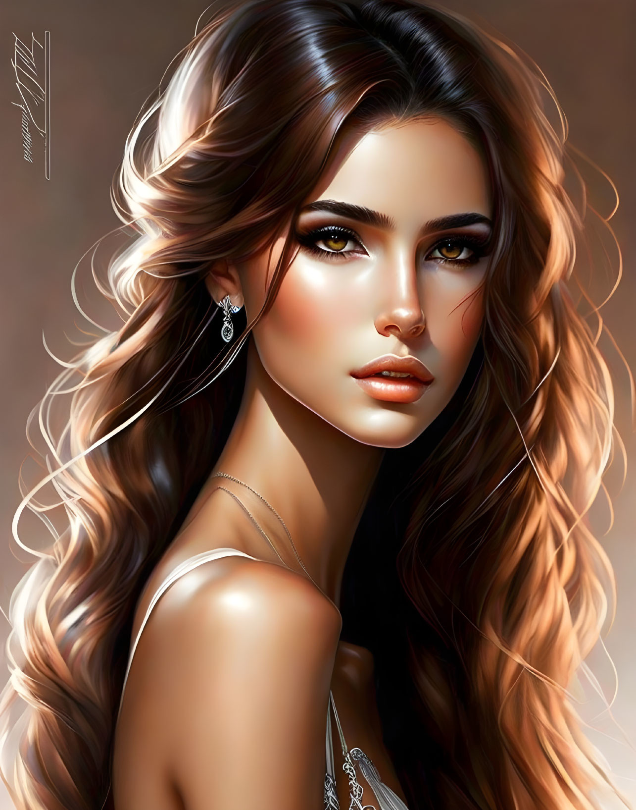 Woman's portrait with flowing hair, striking eyes, and elegant earrings