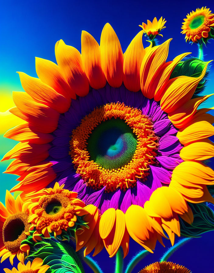 Vibrant close-up of large sunflower with blue sky and smaller sunflowers.