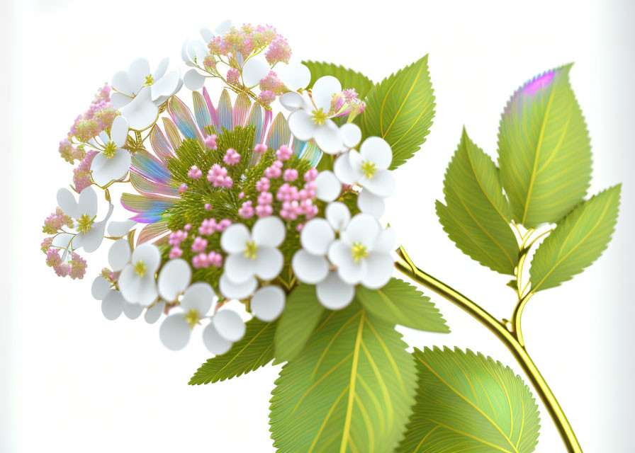 Vibrant hydrangea cluster with white flowers and green leaves on light background