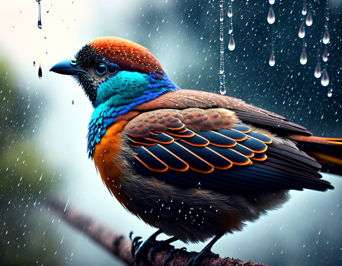 Colorful Bird Perched on Branch in Rainstorm