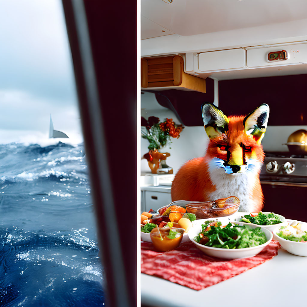 Split Image: Sailing Yacht at Sea and Fox Head Overlay in Kitchen