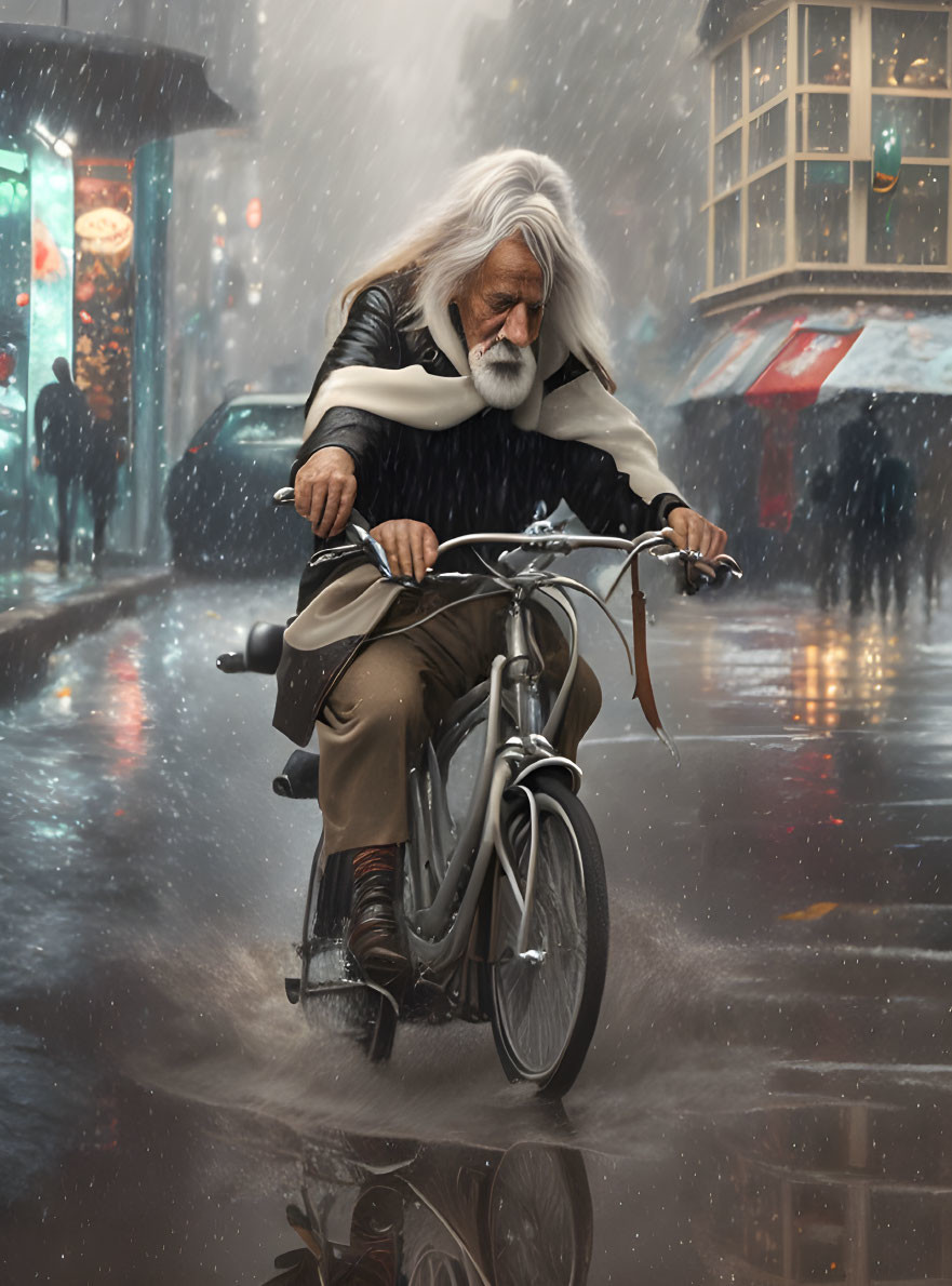 Elderly man with long white hair and beard biking in snowfall