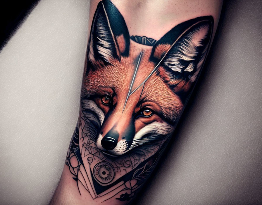 Detailed Fox Tattoo with Geometric Patterns and Compass on Arm