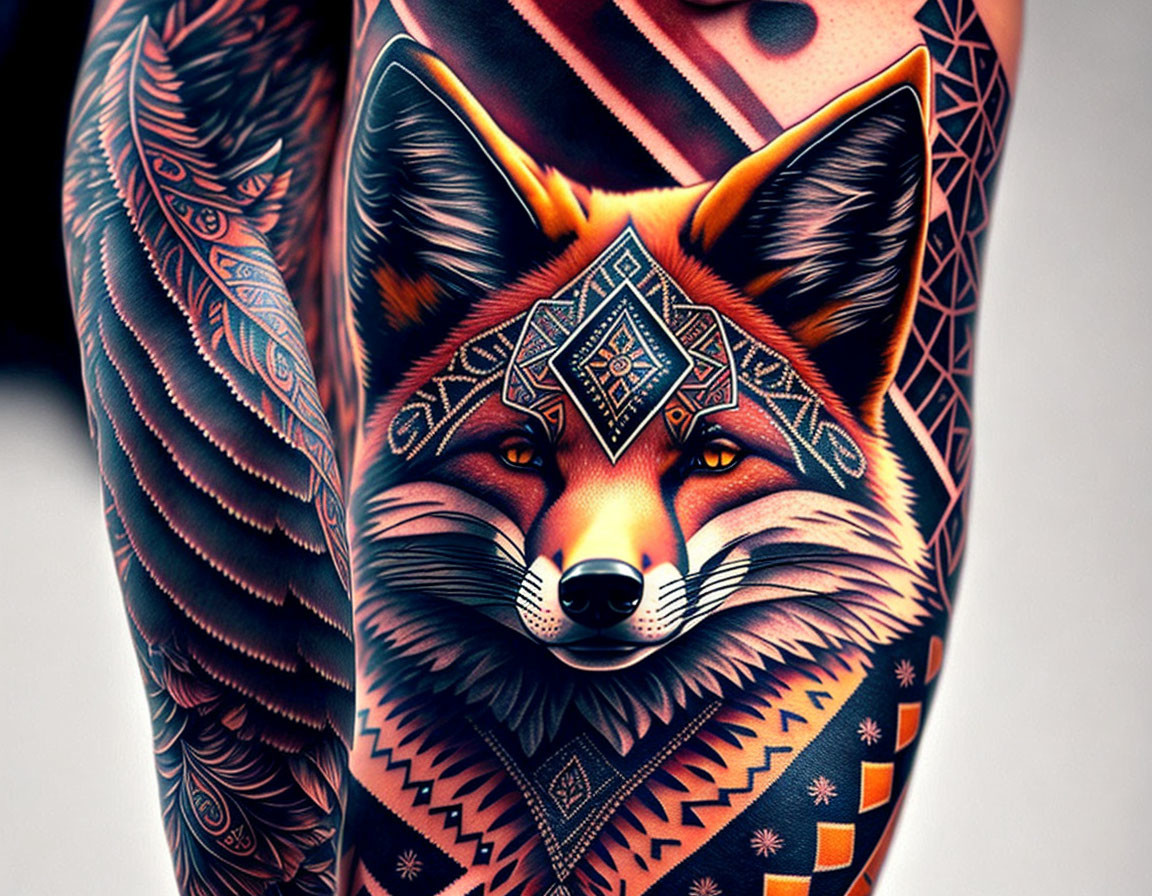 Colorful geometric-patterned fox arm tattoo with intricate tribal designs