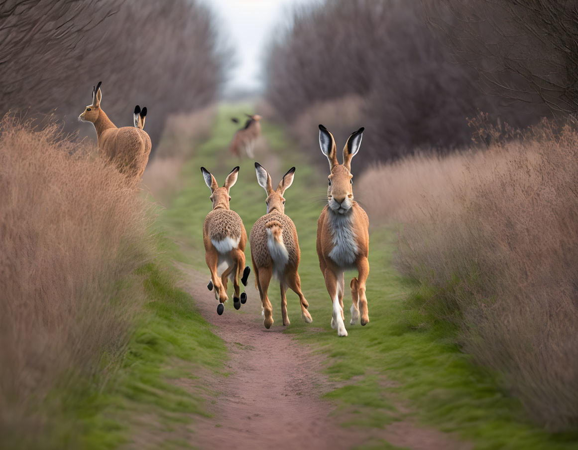 Three jackrabbits with antlers running in grassy field - humorous deer mimicry