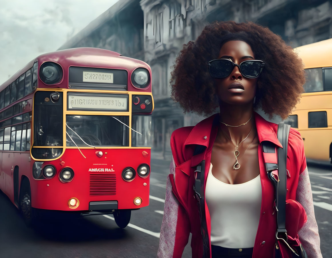 Stylish woman with voluminous hair and sunglasses by retro red bus