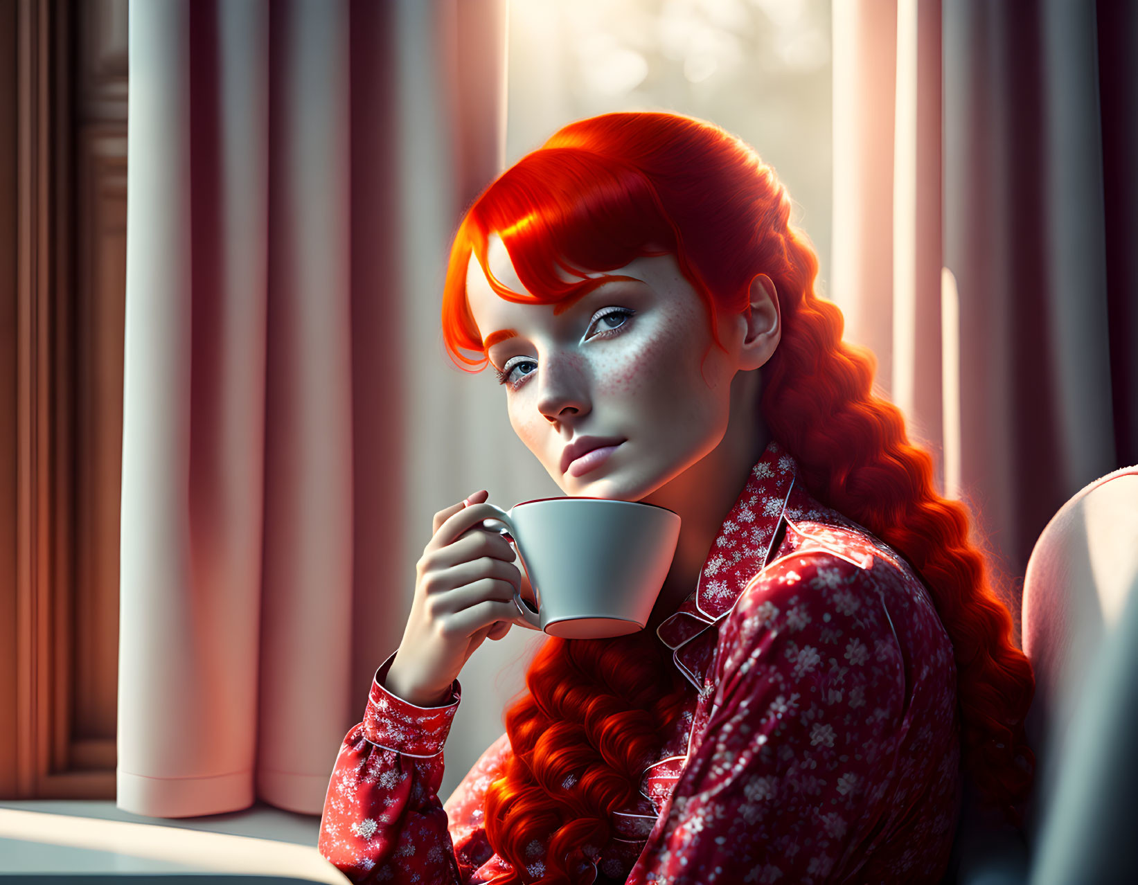 Red-haired woman holding a cup by window with sunlight