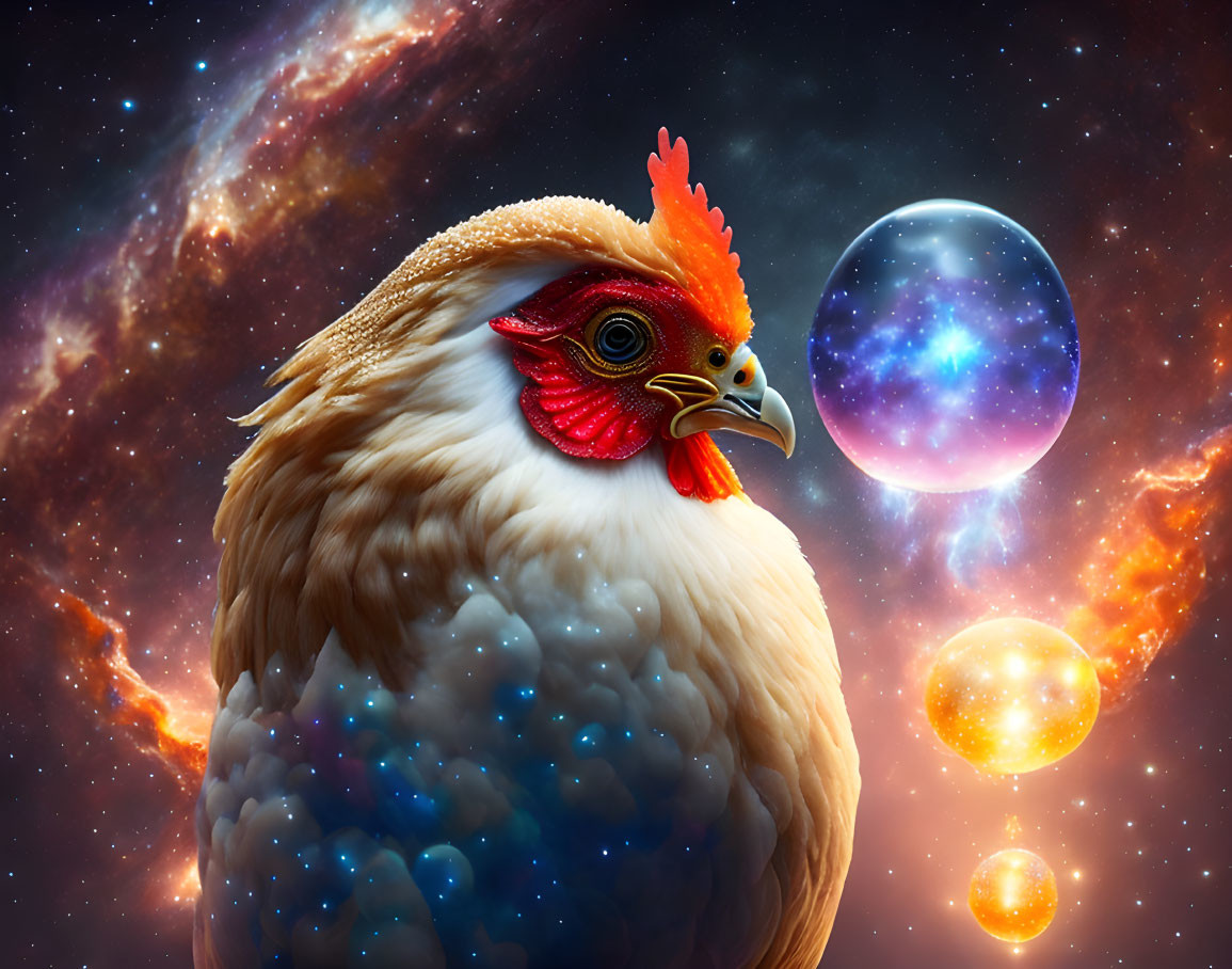 Surreal chicken with cosmic backdrop and floating bubbles