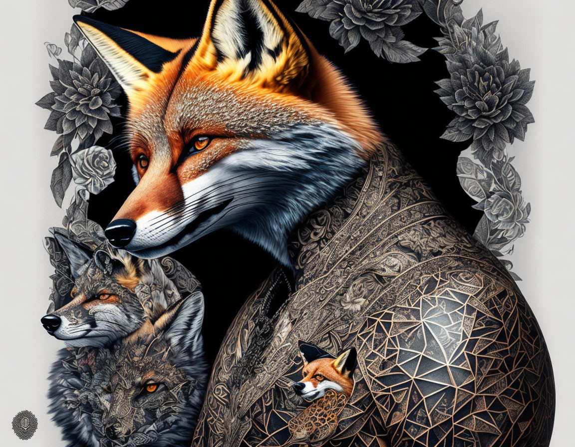 Intricate fox head artwork with detailed patterned body and floral motifs