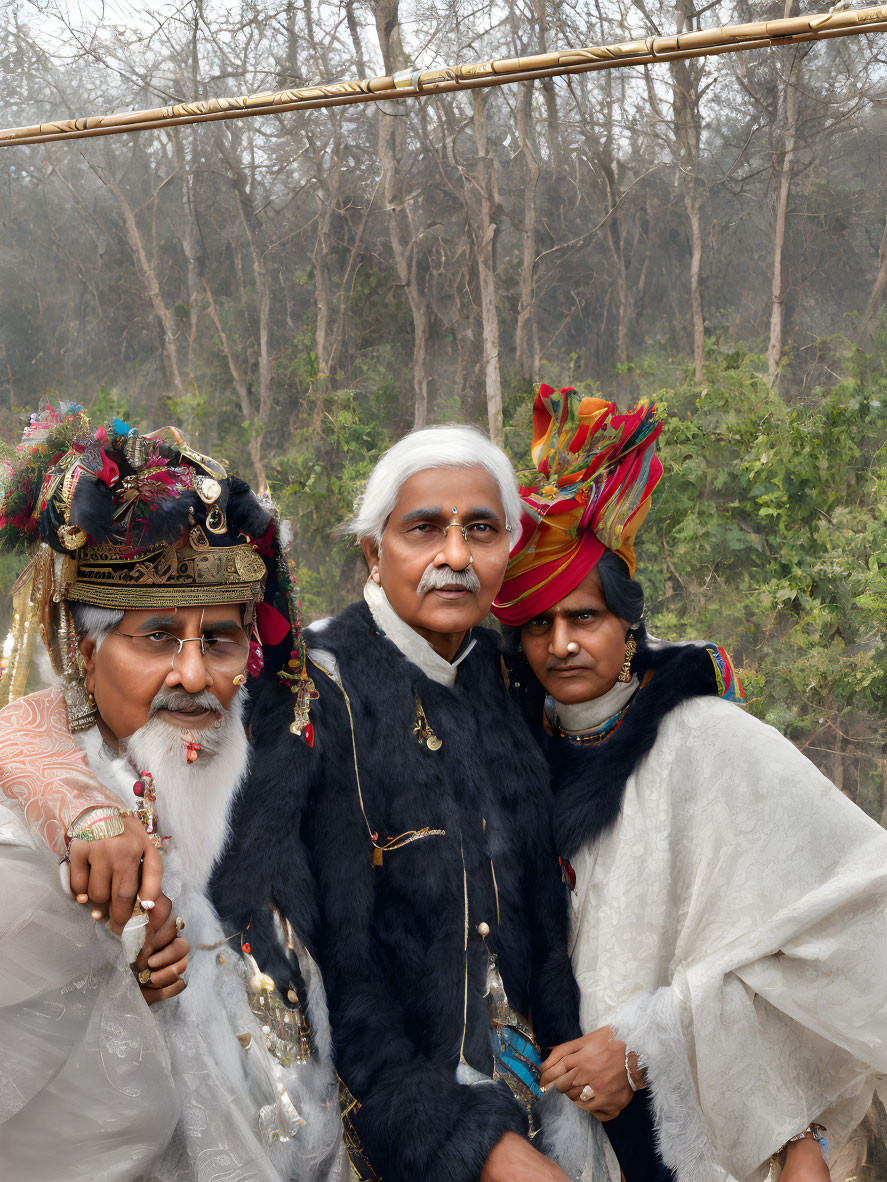 Group of three people in colorful traditional attire with vibrant headgear, posing in front of forest.