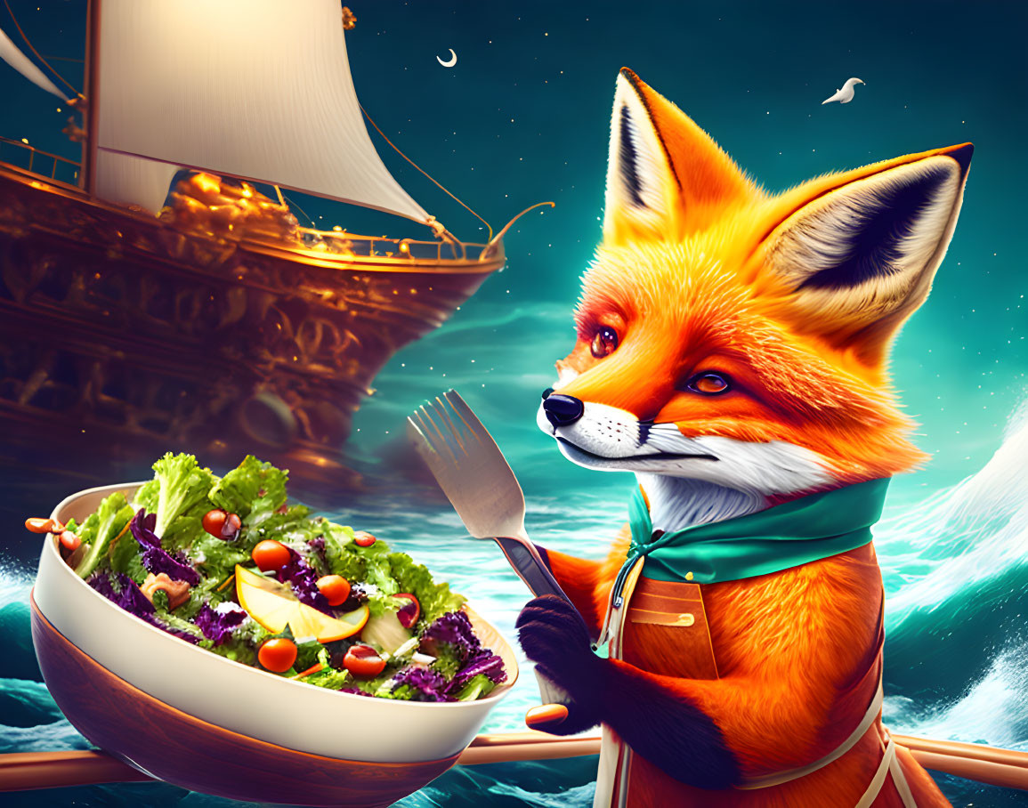 Anthropomorphic fox sailor with salad on sailing ship backdrop