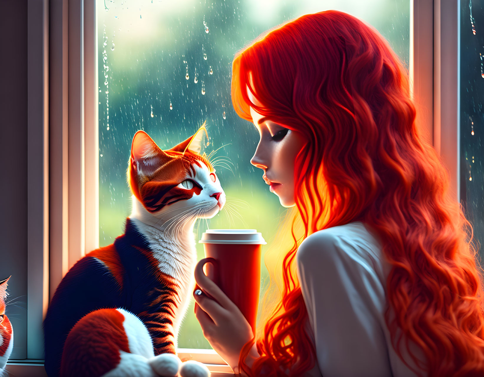 Red-haired woman with cup gazes out rain-spattered window with orange and white cat