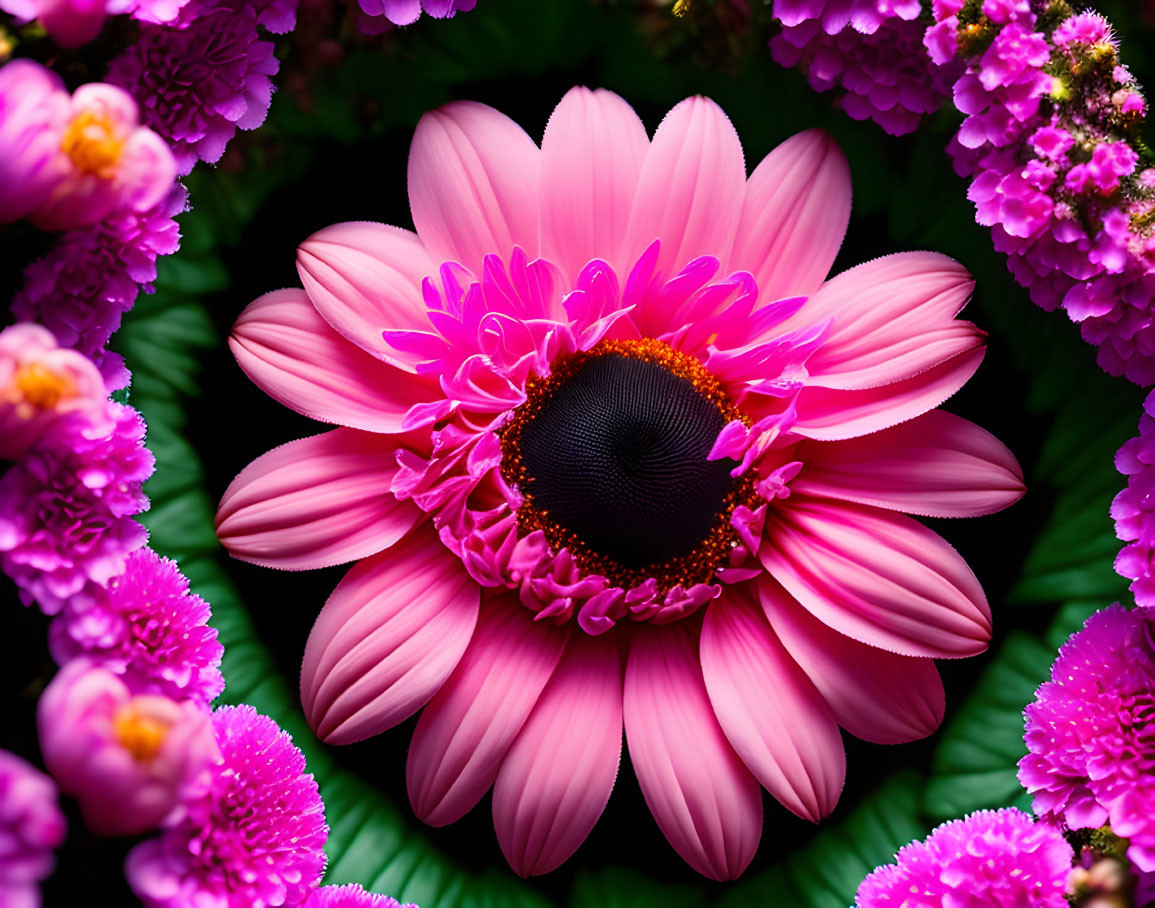 Vibrant Pink Gerbera Daisy with Dark Center and Surrounding Flowers